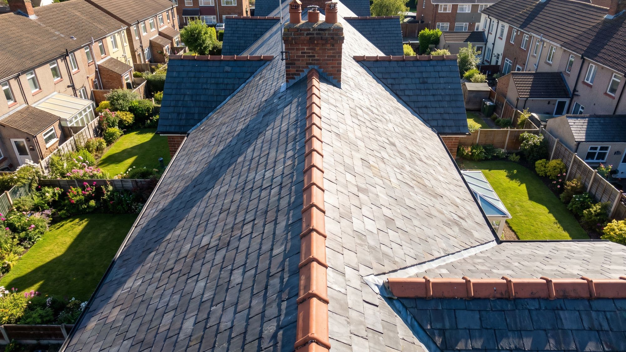 An aerial drone view looking down onto a slate roof, showing the ridge, valley, chimney and guttering