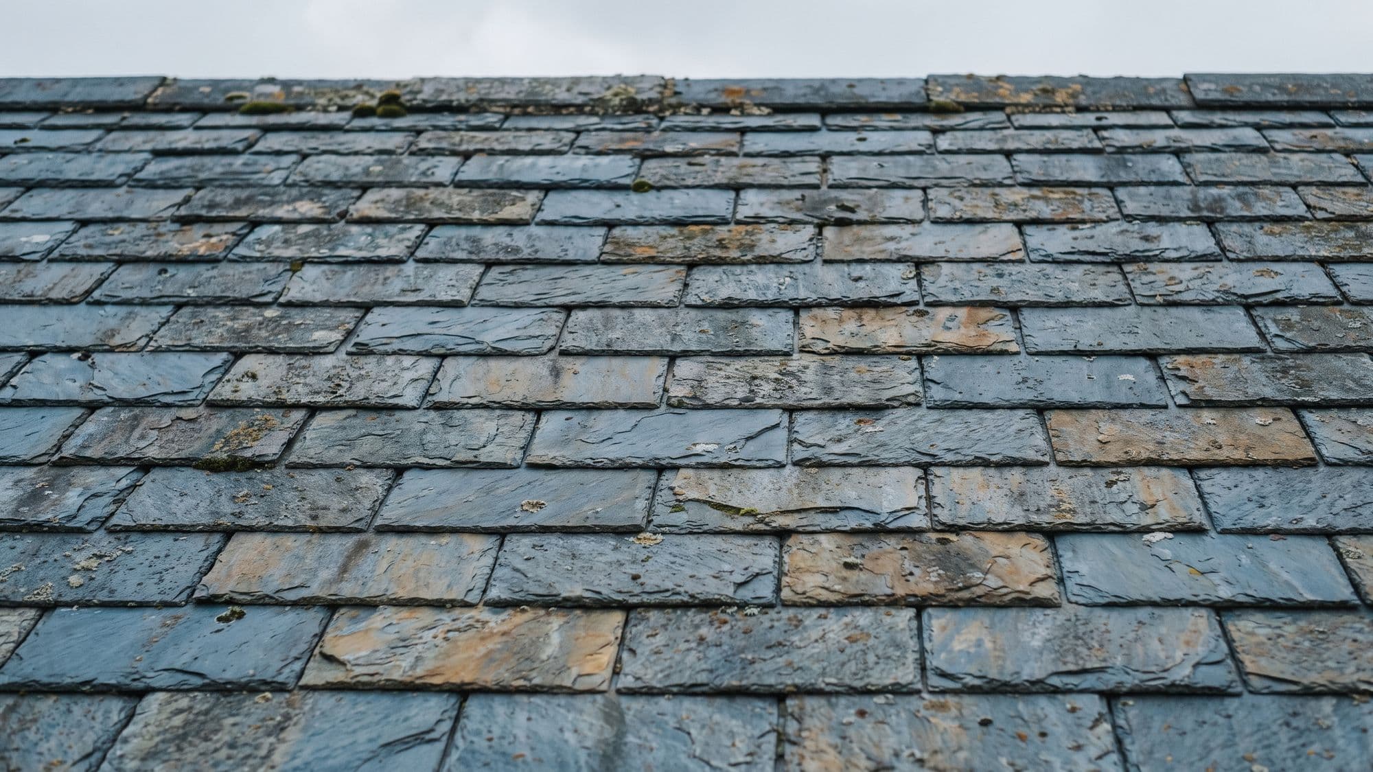 Weathered blue-grey slate roof courses filling the frame beneath a band of soft overcast sky