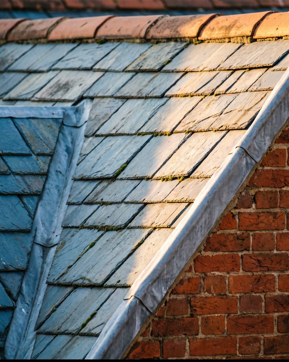 Close detail of slate roof tiles and lead flashing on a London rooftop