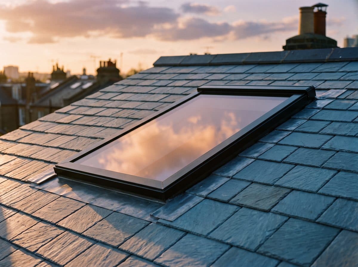 A flush conservation rooflight set into a slate roof, reflecting a dusk sky over London rooftops