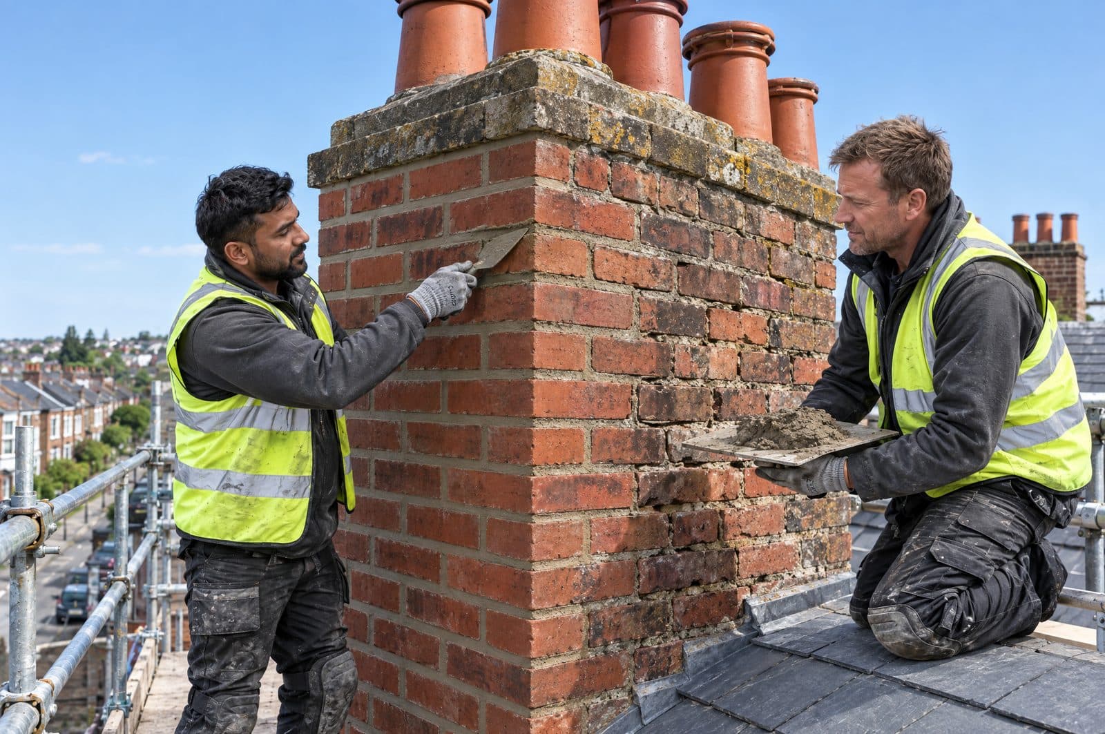 Two roofers repointing a brick chimney stack from a scaffold, one pointing while the other holds the mortar