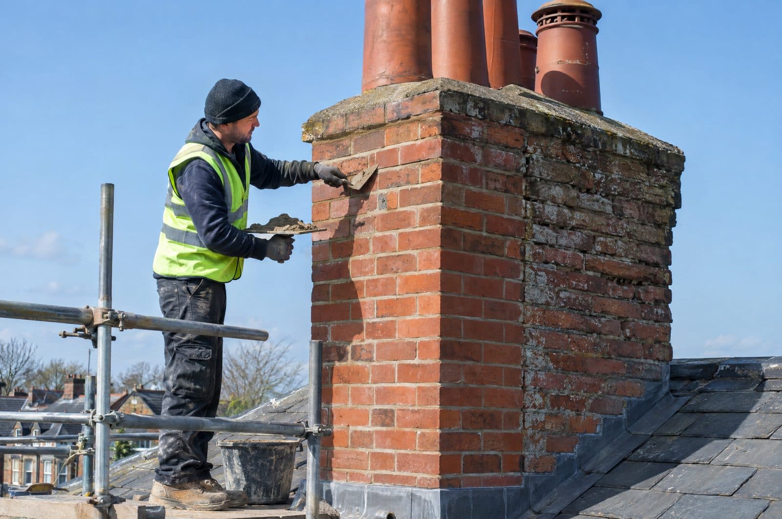 A roofer repointing a red-brick chimney stack from a scaffold, half the stack freshly pointed