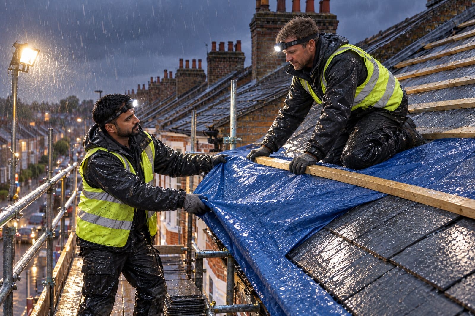 Two roofers in hi-vis and head torches pulling a tarpaulin over a damaged slate roof in the rain at dusk