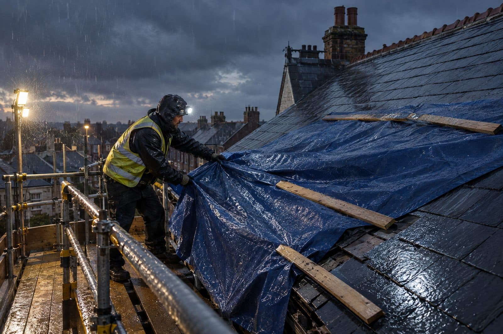A roofer in a hi-vis vest and head torch pulling a tarpaulin over a damaged slate roof in the rain at dusk, working from a lit scaffold