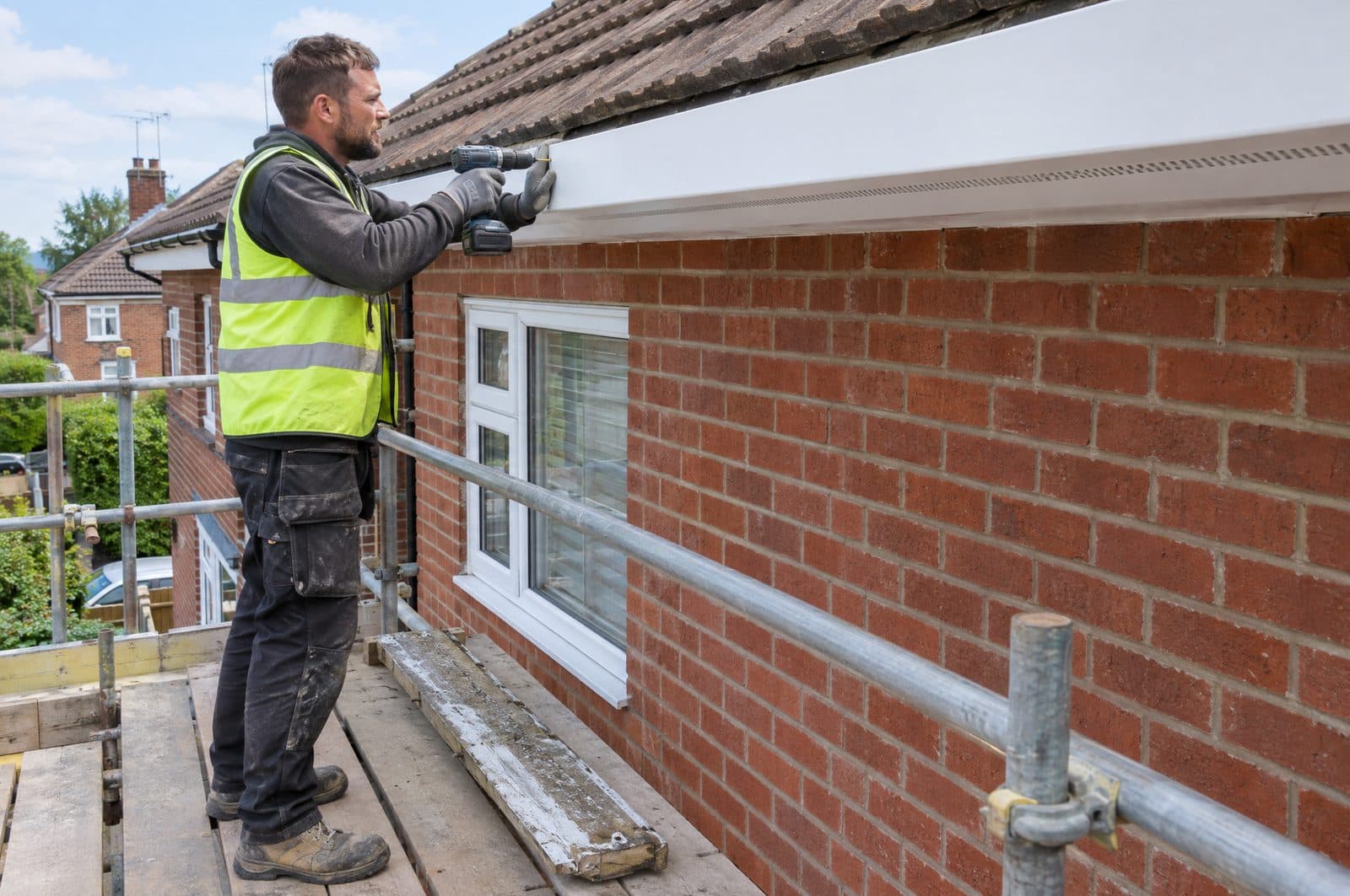 A roofer on a scaffold fixing a new white uPVC fascia board along the eaves of a red-brick house