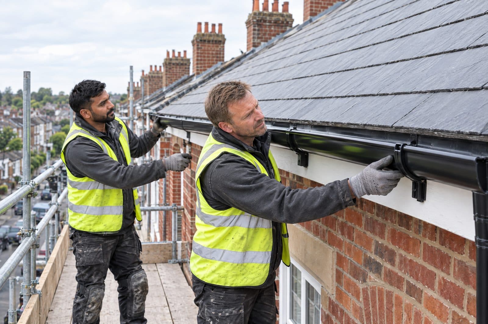 Two roofers on a scaffold fitting a new length of black half-round guttering along the eaves of a brick house