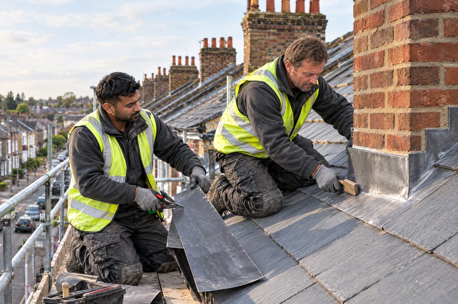 Two roofers renewing lead flashing at a brick chimney, one dressing the lead while the other cuts the next piece