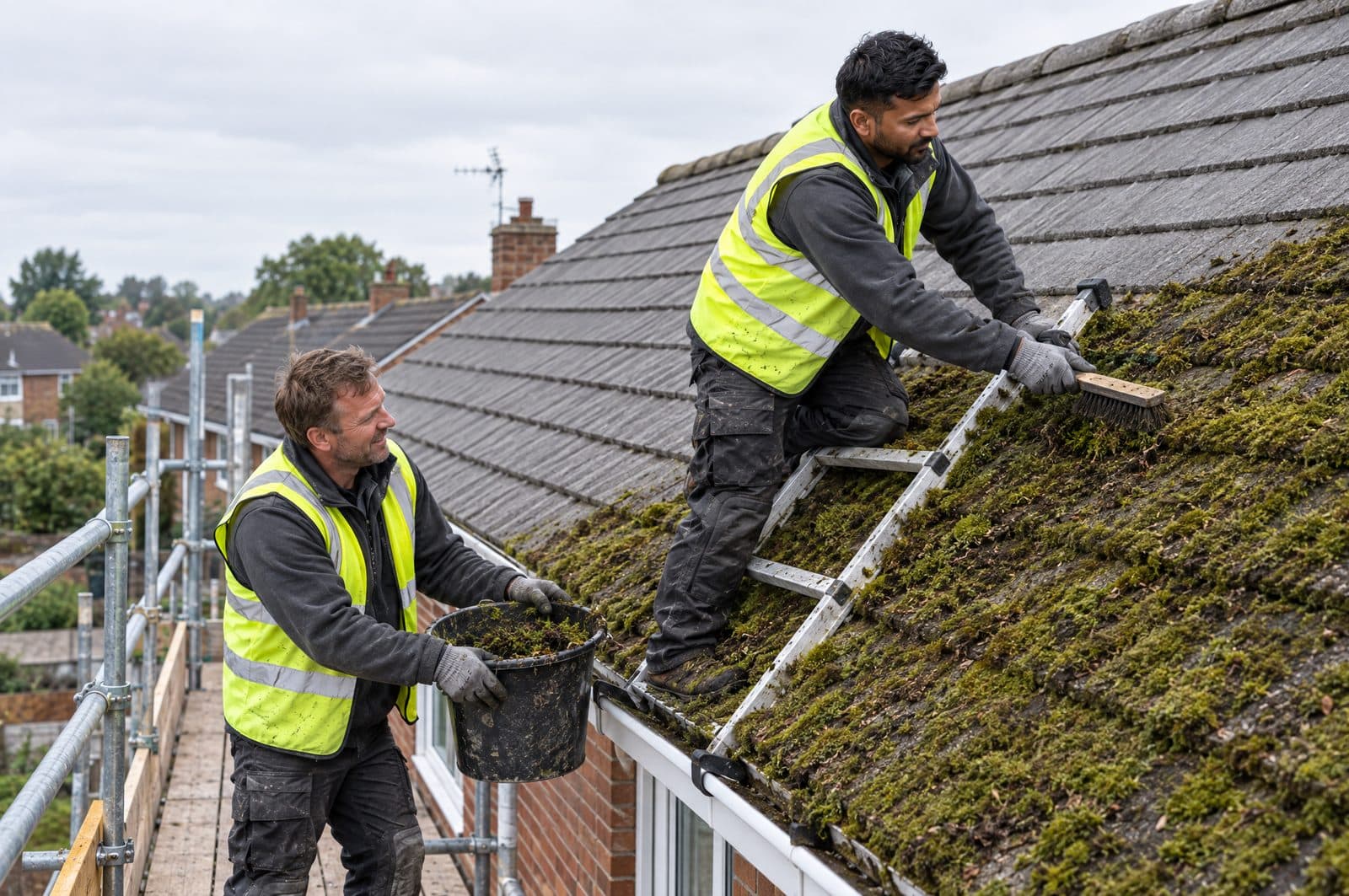 Two roofers clearing thick moss from a tiled roof, one brushing while the other collects it in a bucket