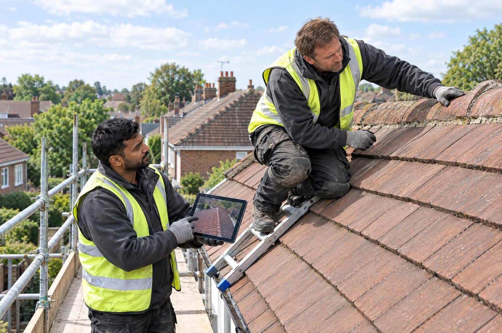 Two roofers on a routine roof inspection, one checking the ridge while the other reviews photos of the roof on a tablet