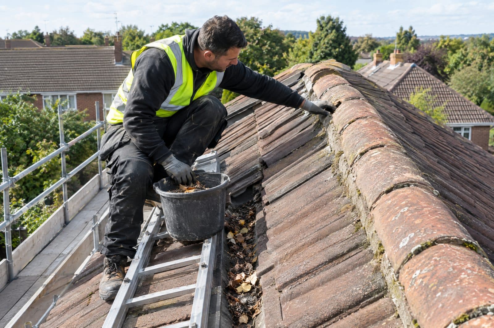 A roofer checking the ridge and clearing leaves from a tiled roof during a routine inspection