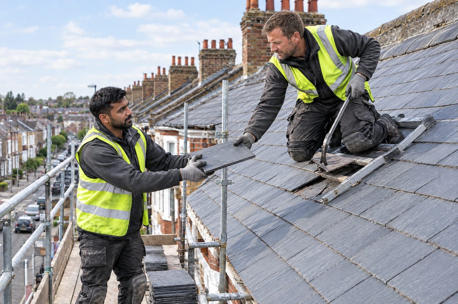 A roofer removing a broken slate with a slate ripper while his colleague hands up a replacement from the scaffold