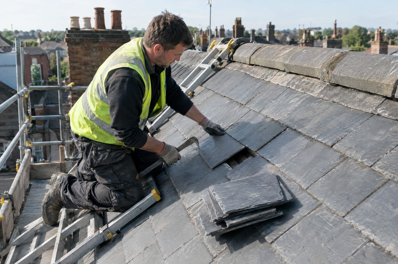 A roofer on a roof ladder sliding a replacement slate into a gap in a slate roof, slate ripper in hand