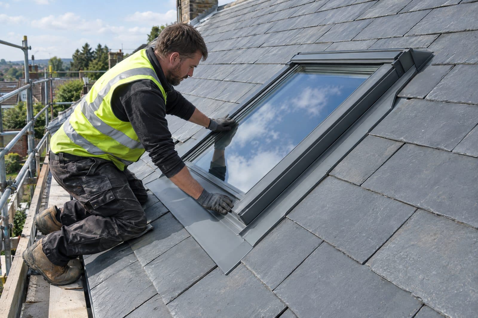 A roofer dressing the flashing kit around a newly fitted roof window in a slate roof