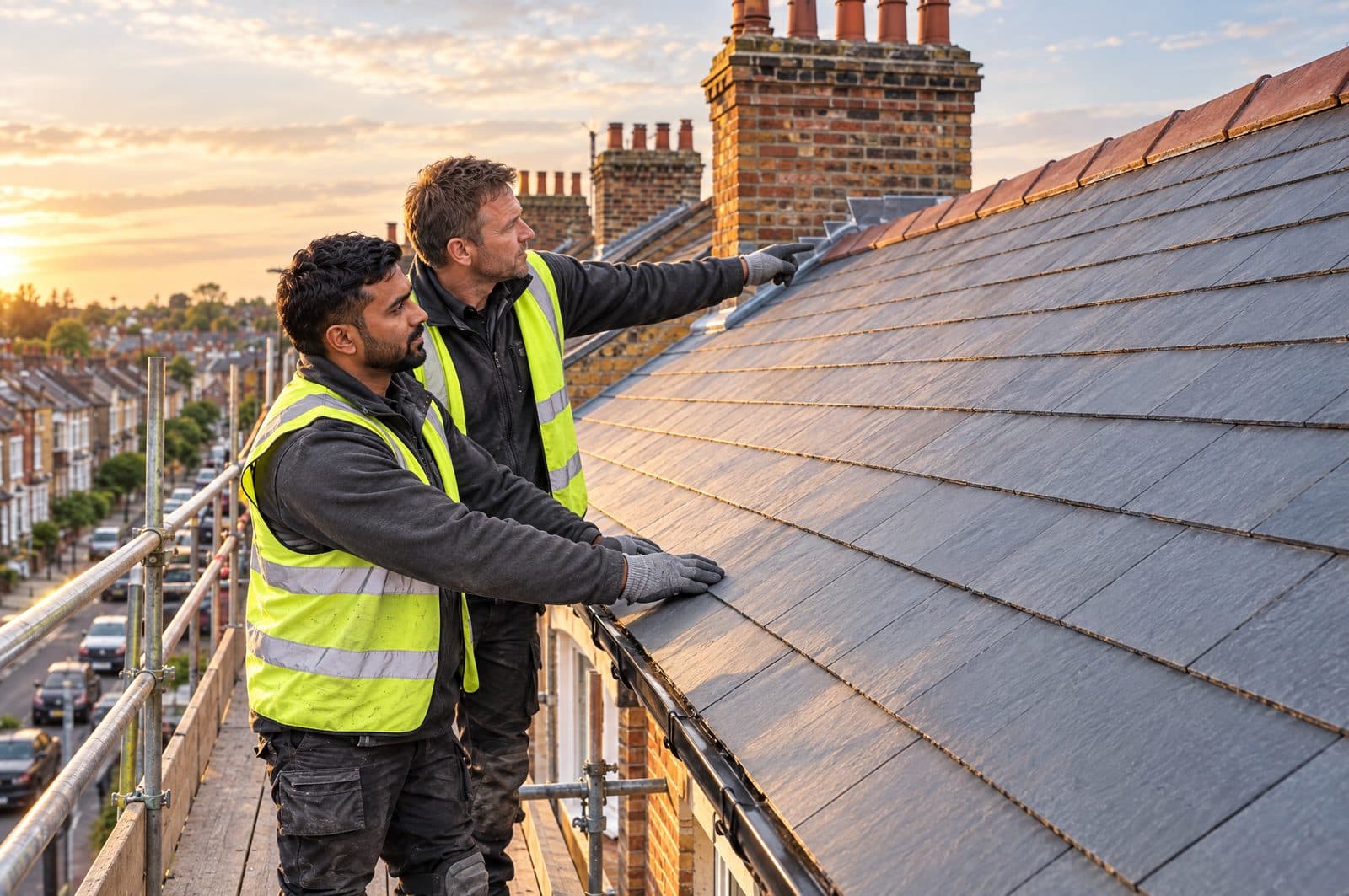Two roofers on the scaffold checking the courses of a newly finished natural slate roof on a Victorian terrace