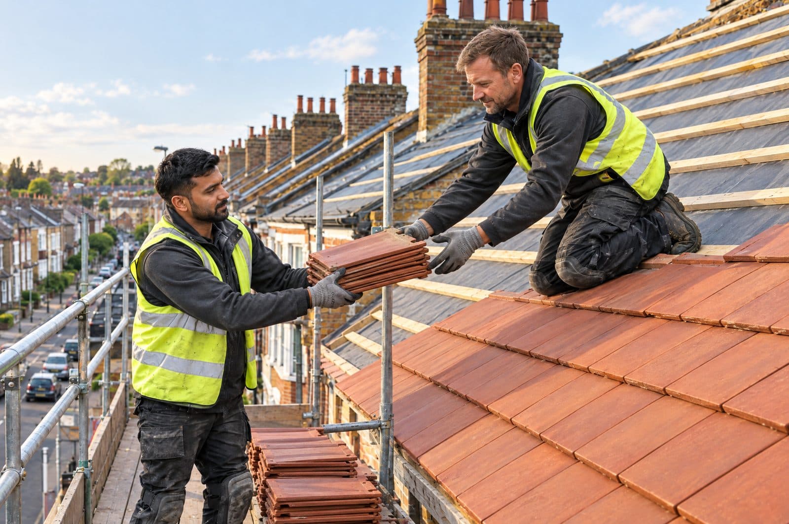 Two roofers laying new red clay tiles, one hanging tiles on the battens while the other passes a stack from the pallet