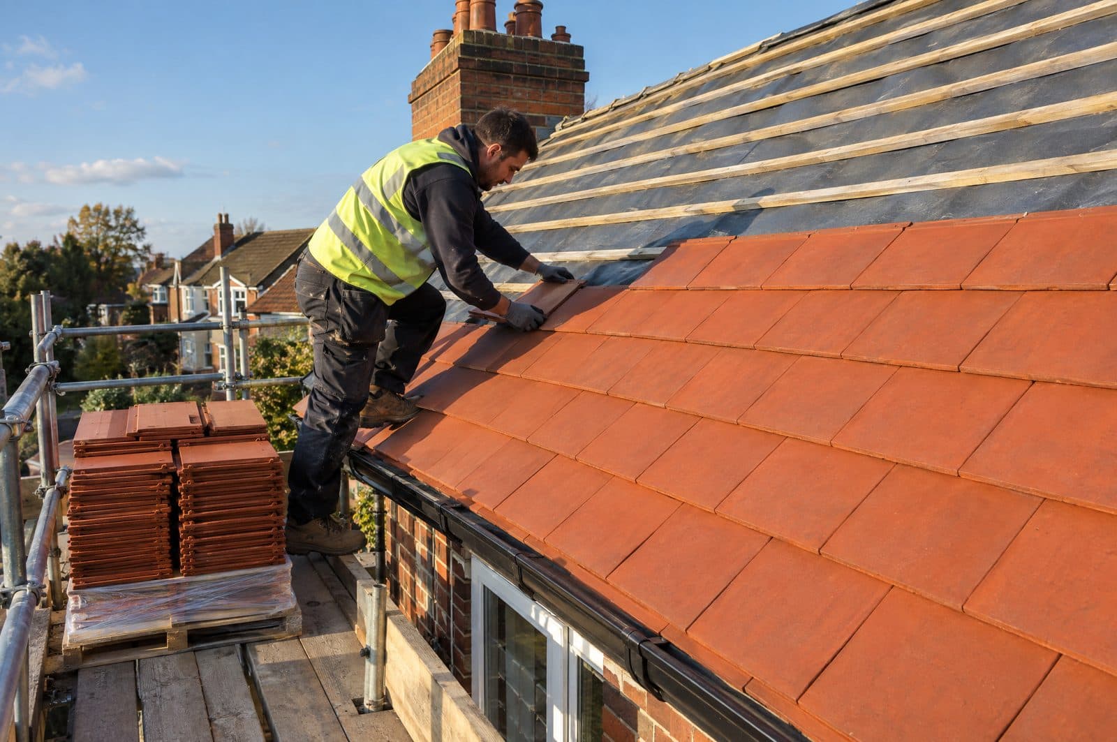 A roofer hanging new red clay tiles on battens, the lower half of the roof finished and a pallet of tiles on the scaffold