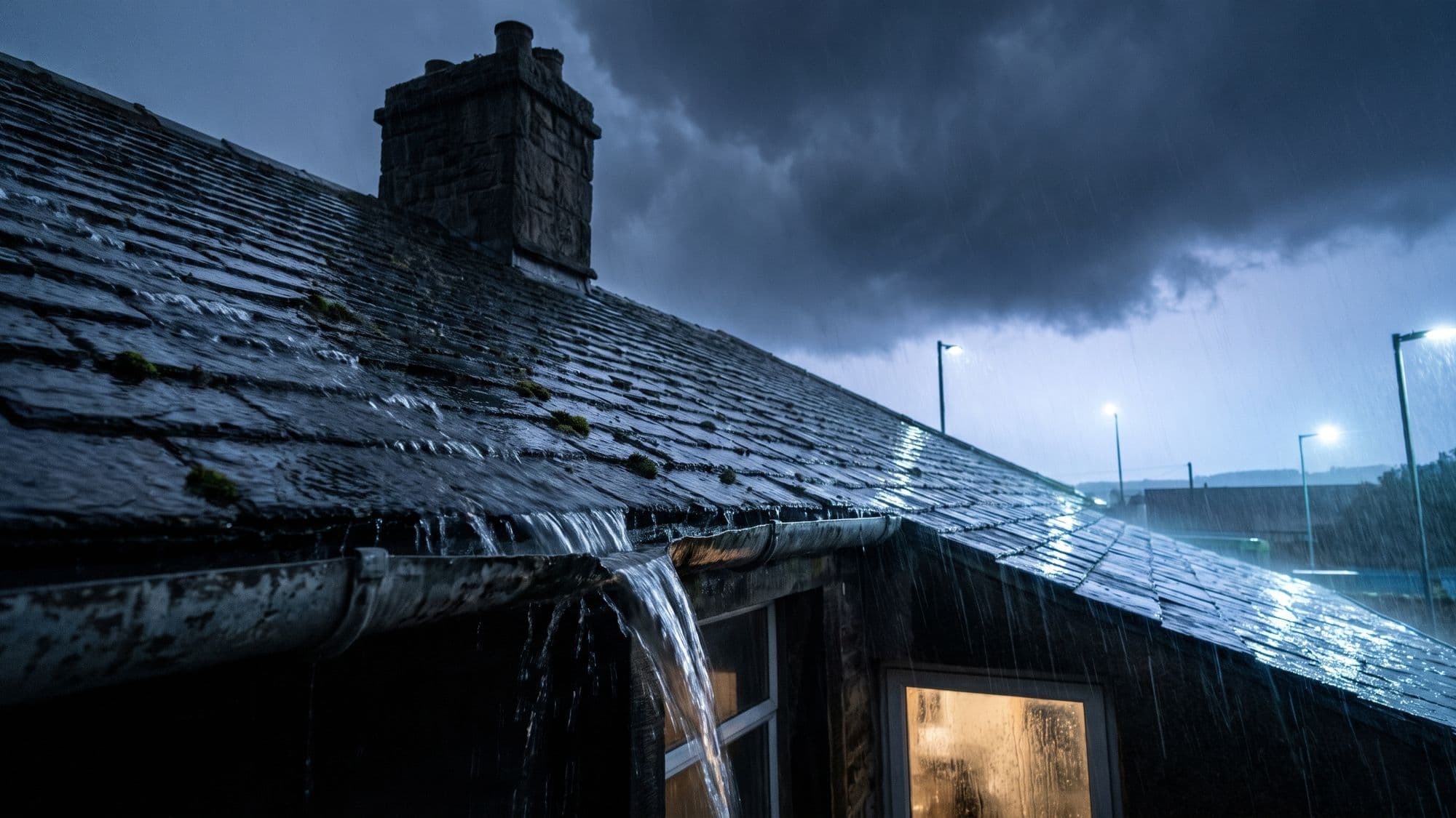 Rain sheeting off a slate roof at dusk with water streaming from an overflowing gutter