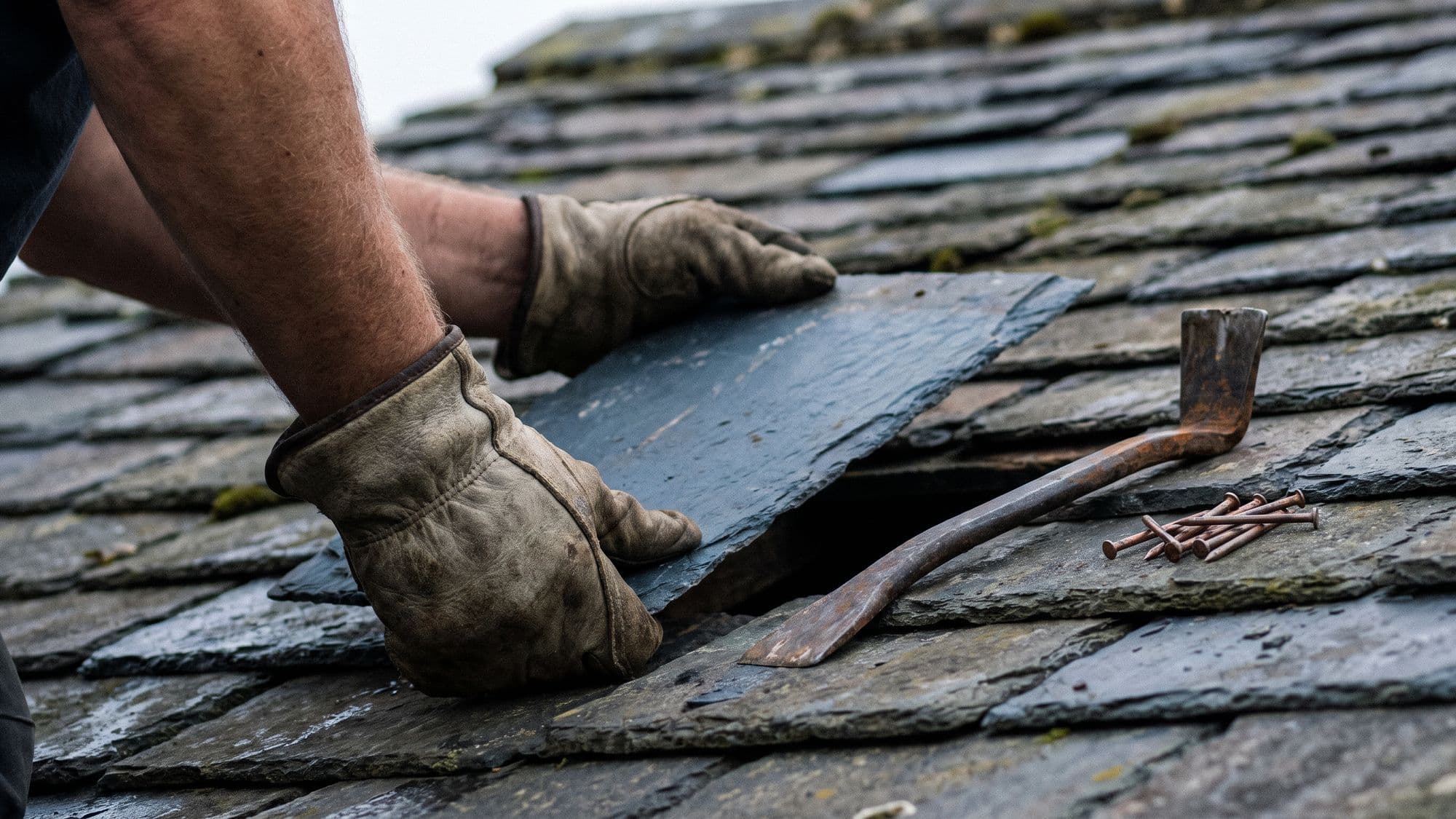 Gloved hands sliding a replacement slate into a gap in an otherwise sound slate roof